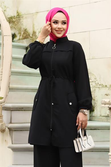 Tünel Detaylı Tesettür Siyah Takım 