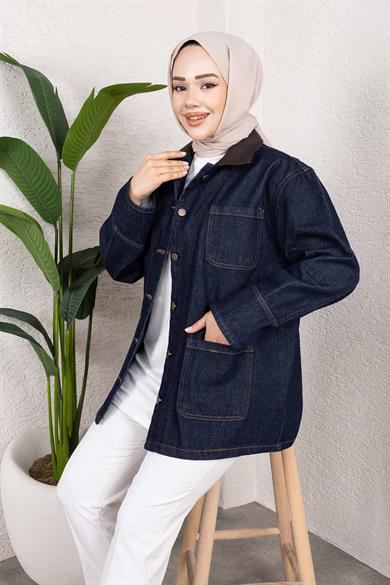 Yaka Detaylı Kot Ceket Koyu Mavi