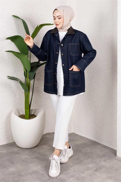 Yaka Detaylı Kot Ceket Koyu Mavi