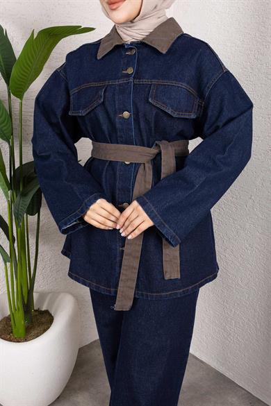 Yaka Detaylı Kot Takım Koyu Mavi