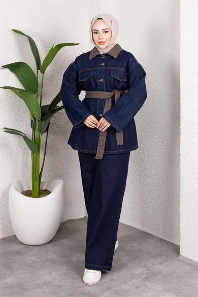 Yaka Detaylı Kot Takım Koyu Mavi
