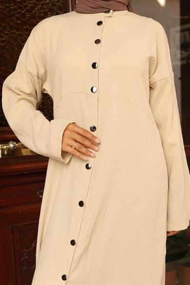 Yaka Detaylı Uzun Takım Bej