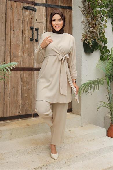 Yandan Bağlamalı Tesettür Bej Takım 