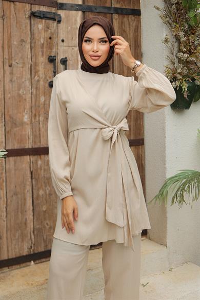 Yandan Bağlamalı Tesettür Bej Takım 