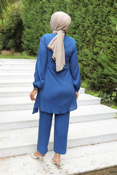 Yandan Bağlamalı Tesettür İndigo Takım 