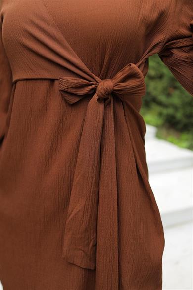 Yandan Bağlamalı Tesettür Kahverengi Takım 