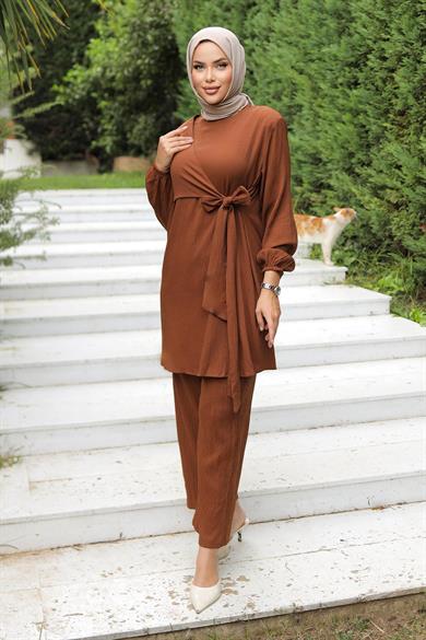 Yandan Bağlamalı Tesettür Kahverengi Takım 