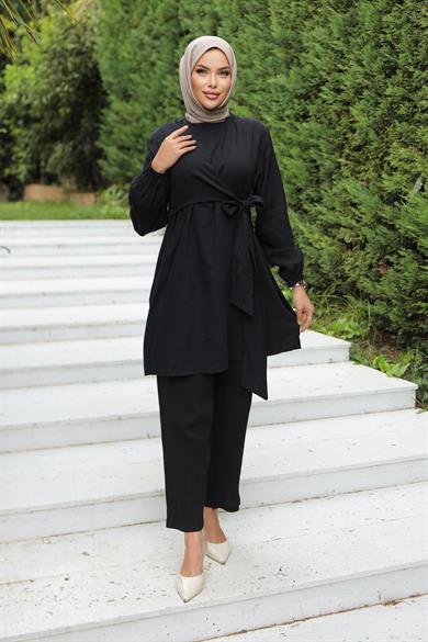 Yandan Bağlamalı Tesettür Siyah Takım 