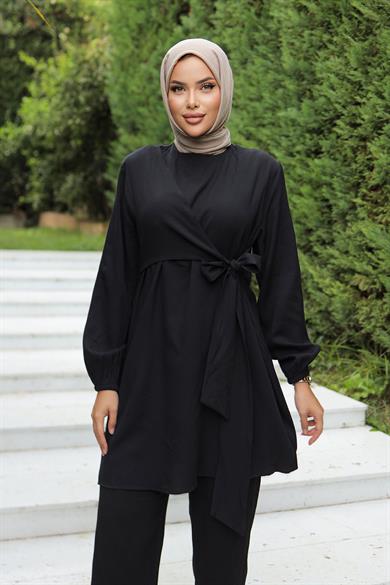 Yandan Bağlamalı Tesettür Siyah Takım 