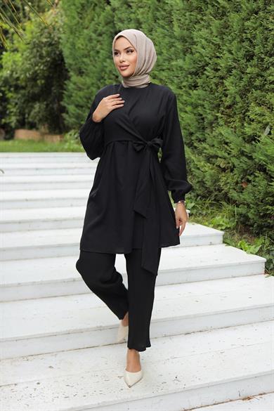 Yandan Bağlamalı Tesettür Siyah Takım 