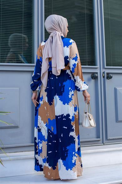 Yaprak Desenli Tesettür Saks Elbise