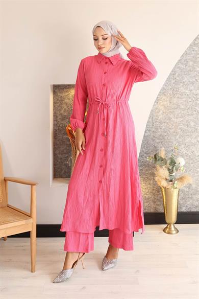 Yırtmaç Detaylı Uzun Takım Fuşya