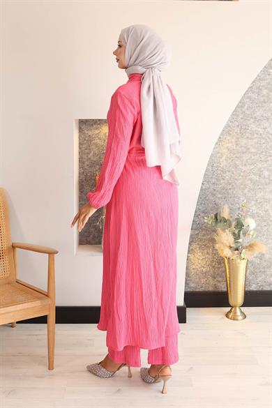 Yırtmaç Detaylı Uzun Takım Fuşya