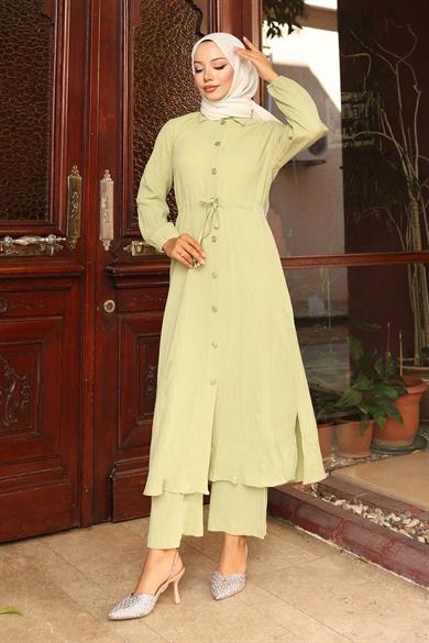 Yırtmaç Detaylı Uzun Takım Mint Yeşili