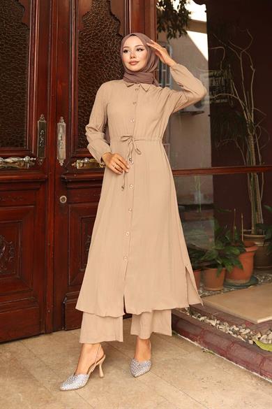 Yırtmaç Detaylı Uzun Takım Vizon