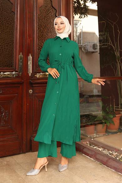 Yırtmaç Detaylı Uzun Takım Yeşil