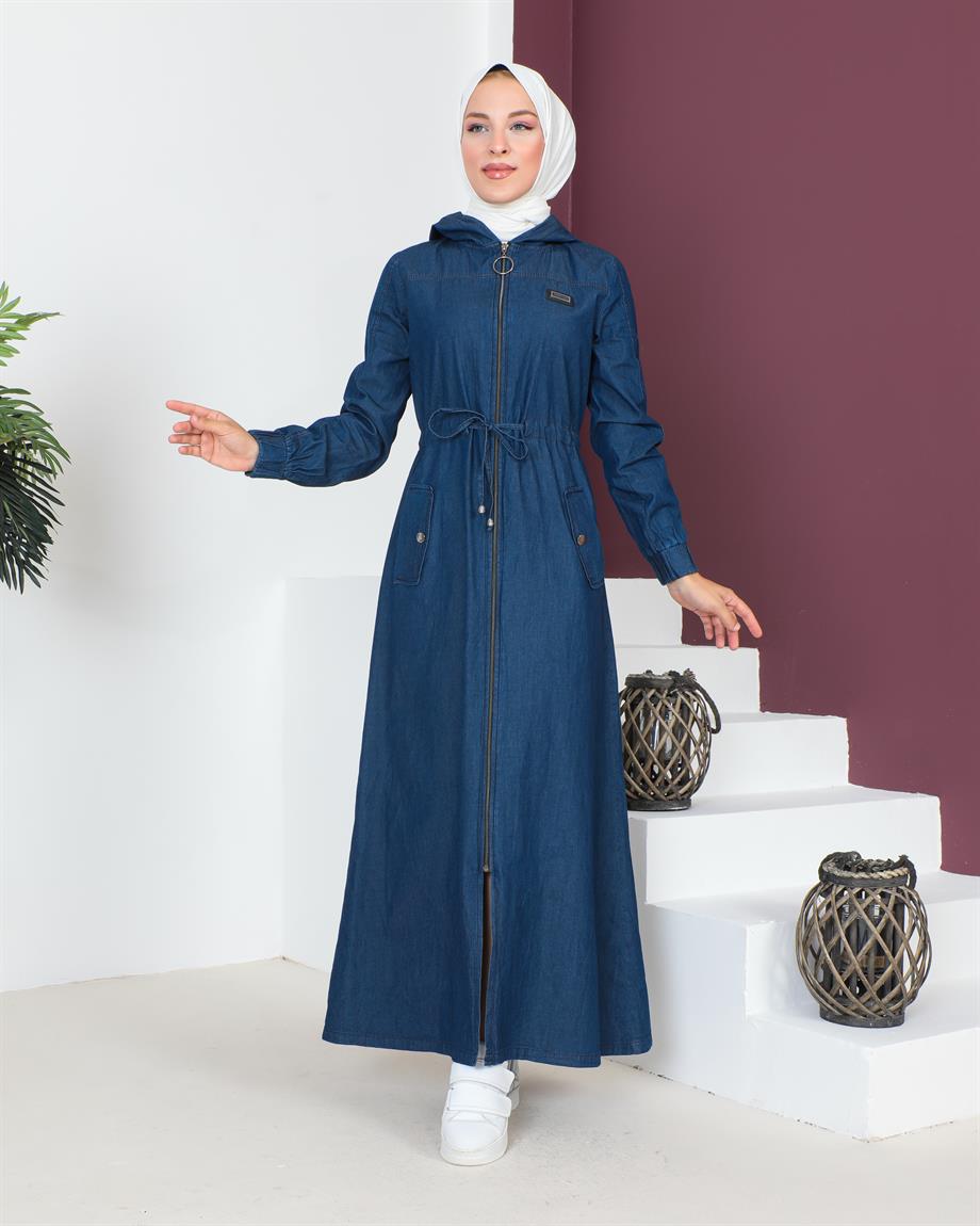 Arma Detaylı Tesettür Koyu Kot elbise 