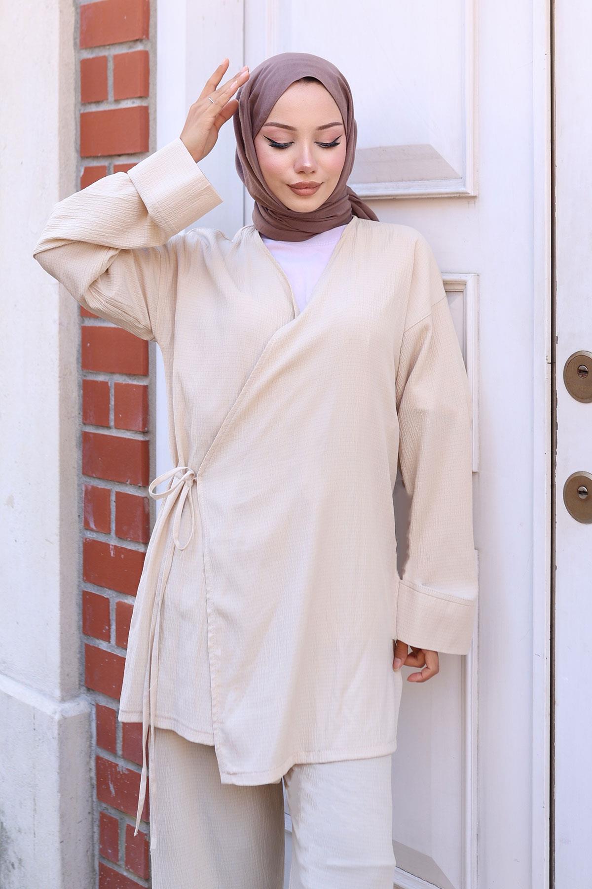 Bağlama Detaylı Kimono Takım Bej