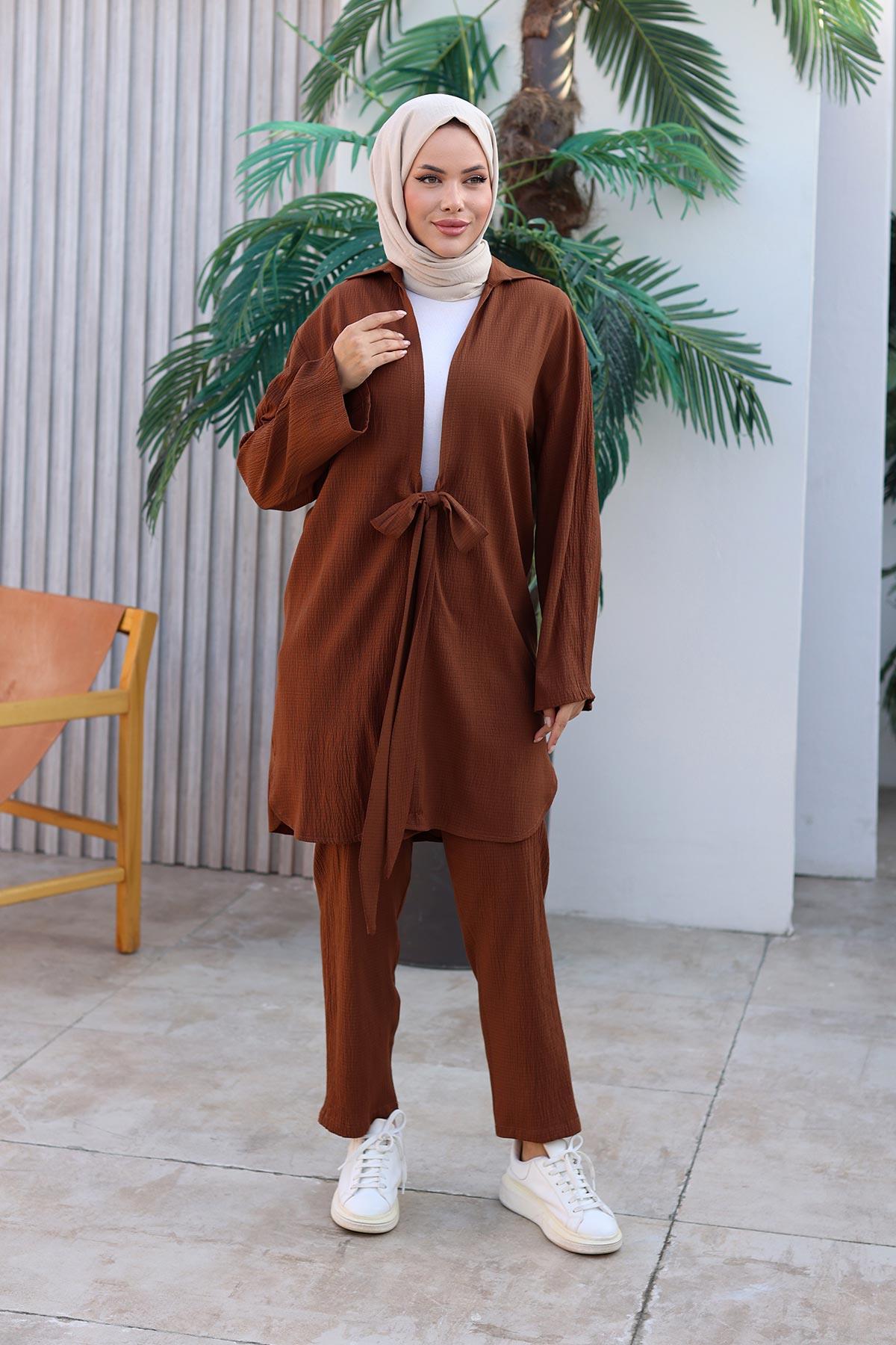 Bağlama Detaylı Kimono Takım Kahvevengi 1225
