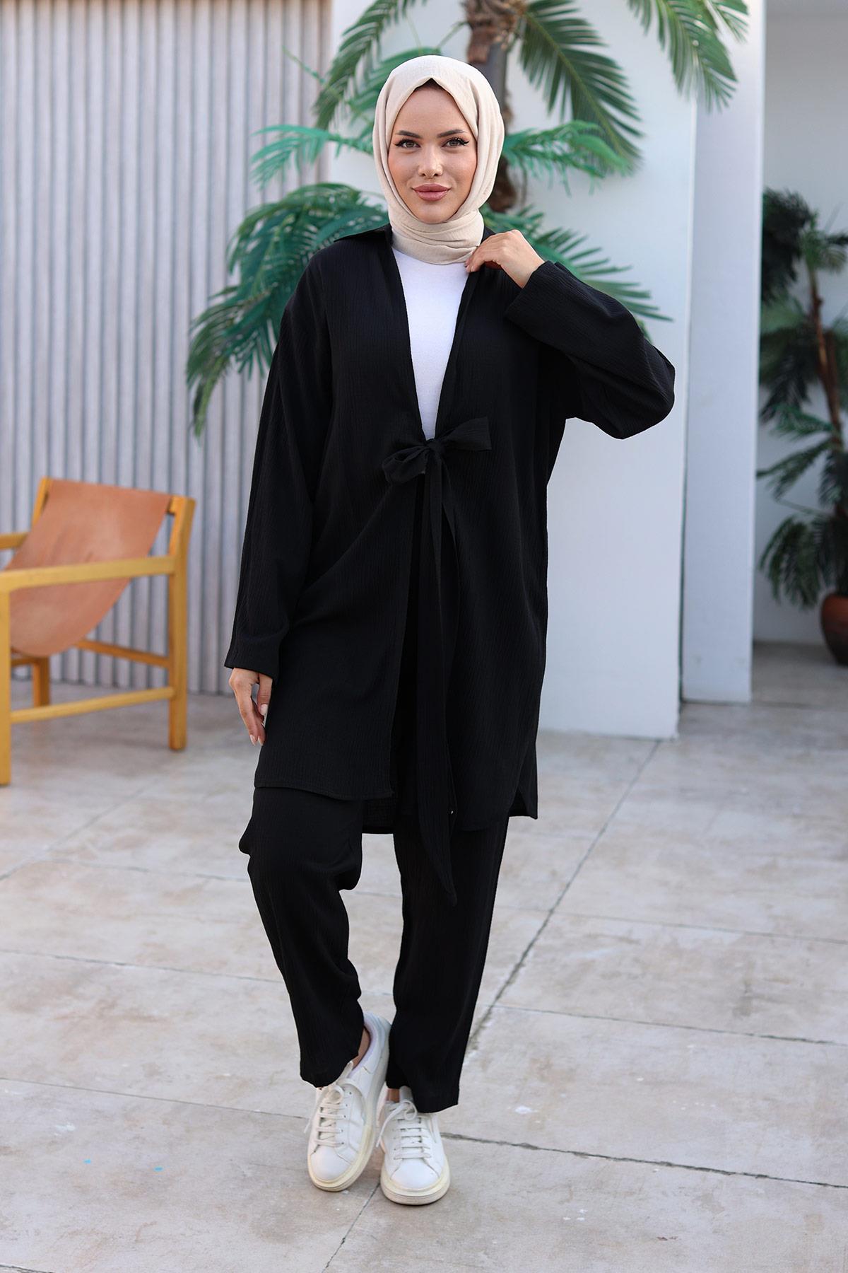 Bağlama Detaylı Kimono Takım Siyah 1225