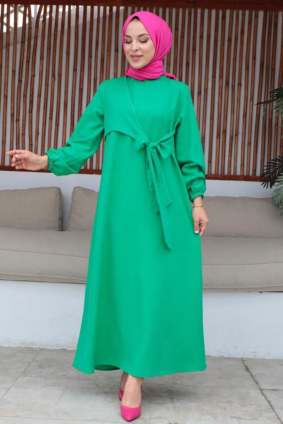 Bel Bağlama Detaylı Tesettür Açık Yeşil elbise