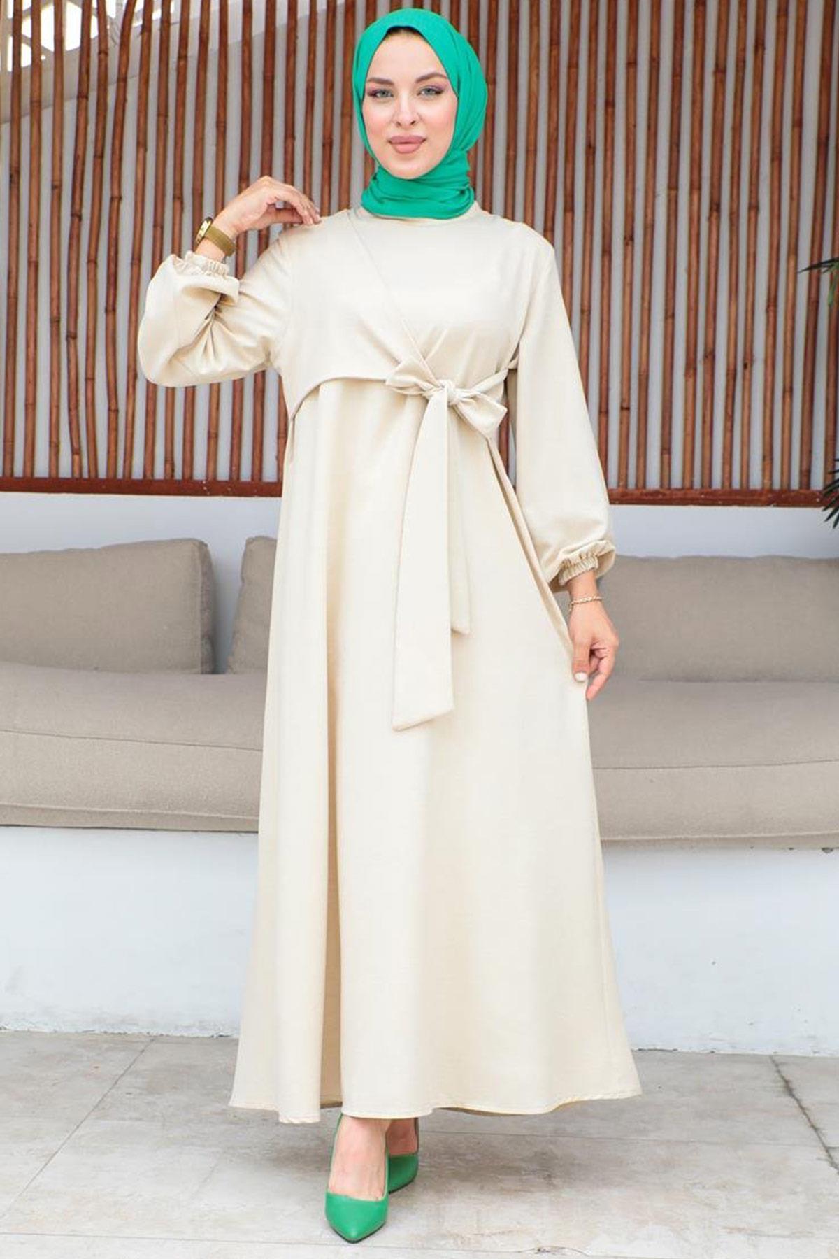 Bel Bağlama Detaylı Tesettür Bej elbise