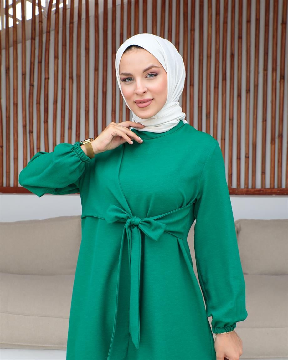 Bel Bağlama Detaylı Tesettür Koyu Yeşil elbise