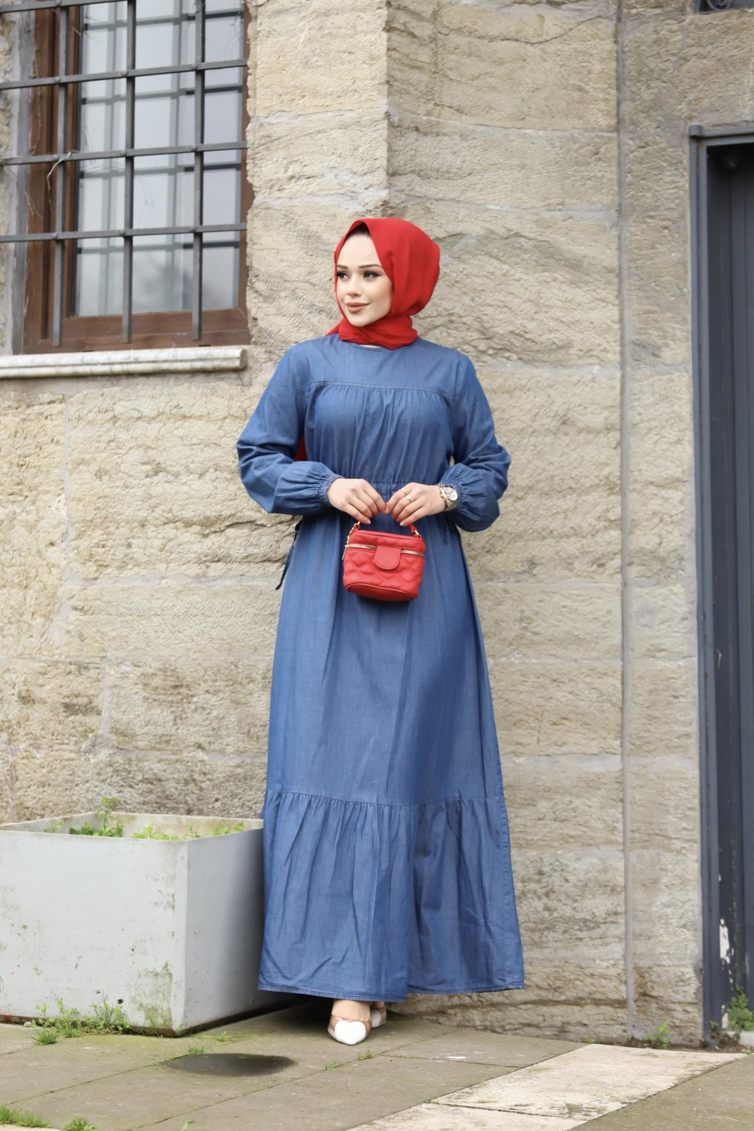 Bel Detaylı Tesettür koyu Lacivert Kot elbise