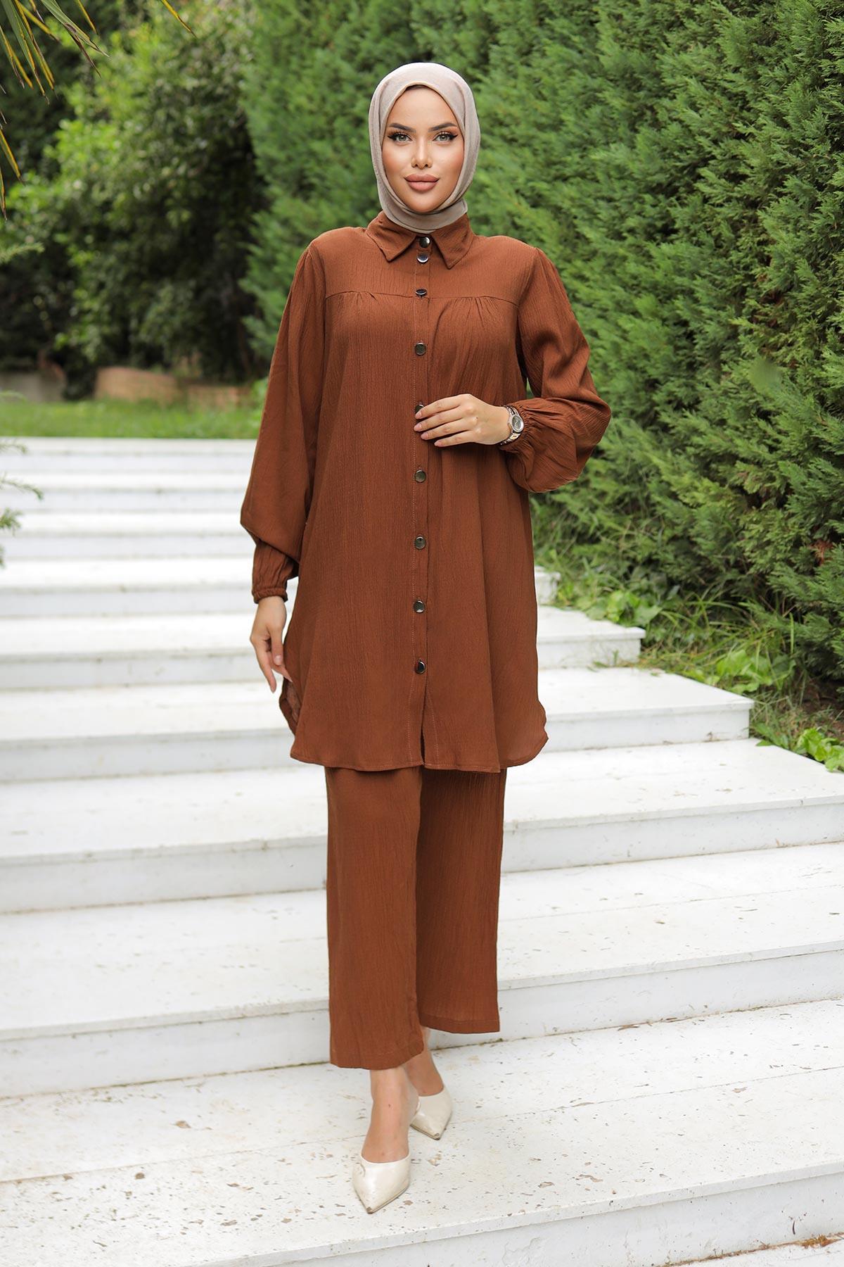 Büzgü Detaylı Tesettür Kahverengi Takım 