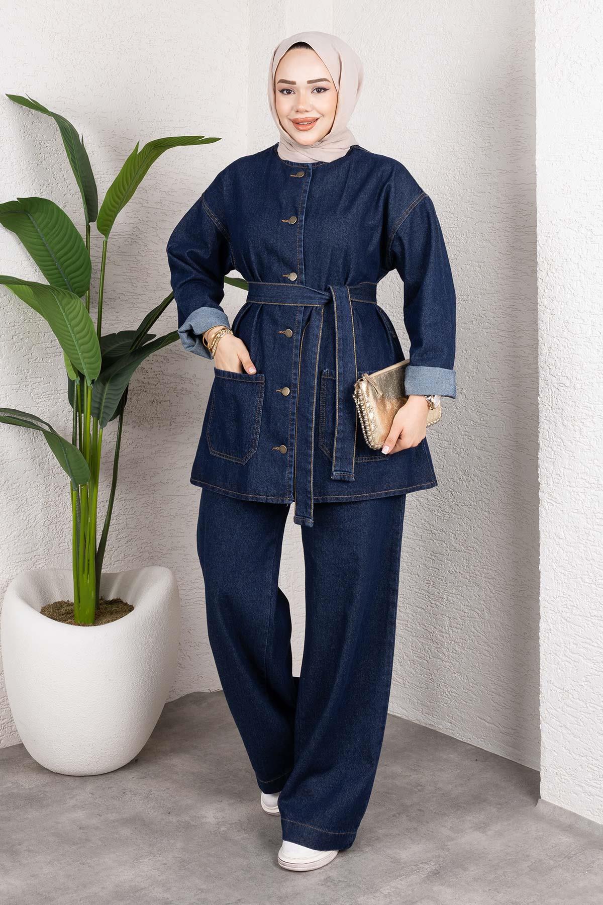 Cep Detaylı Kot Takım Koyu Mavi