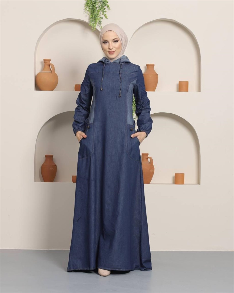 Cep Detaylı Koyu Kot Tesettür Elbise