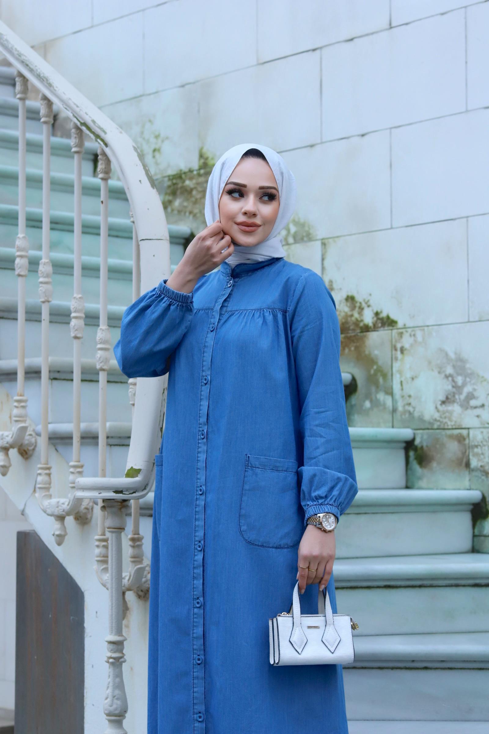 Cep Detaylı Tesettür Açık Kot elbise 