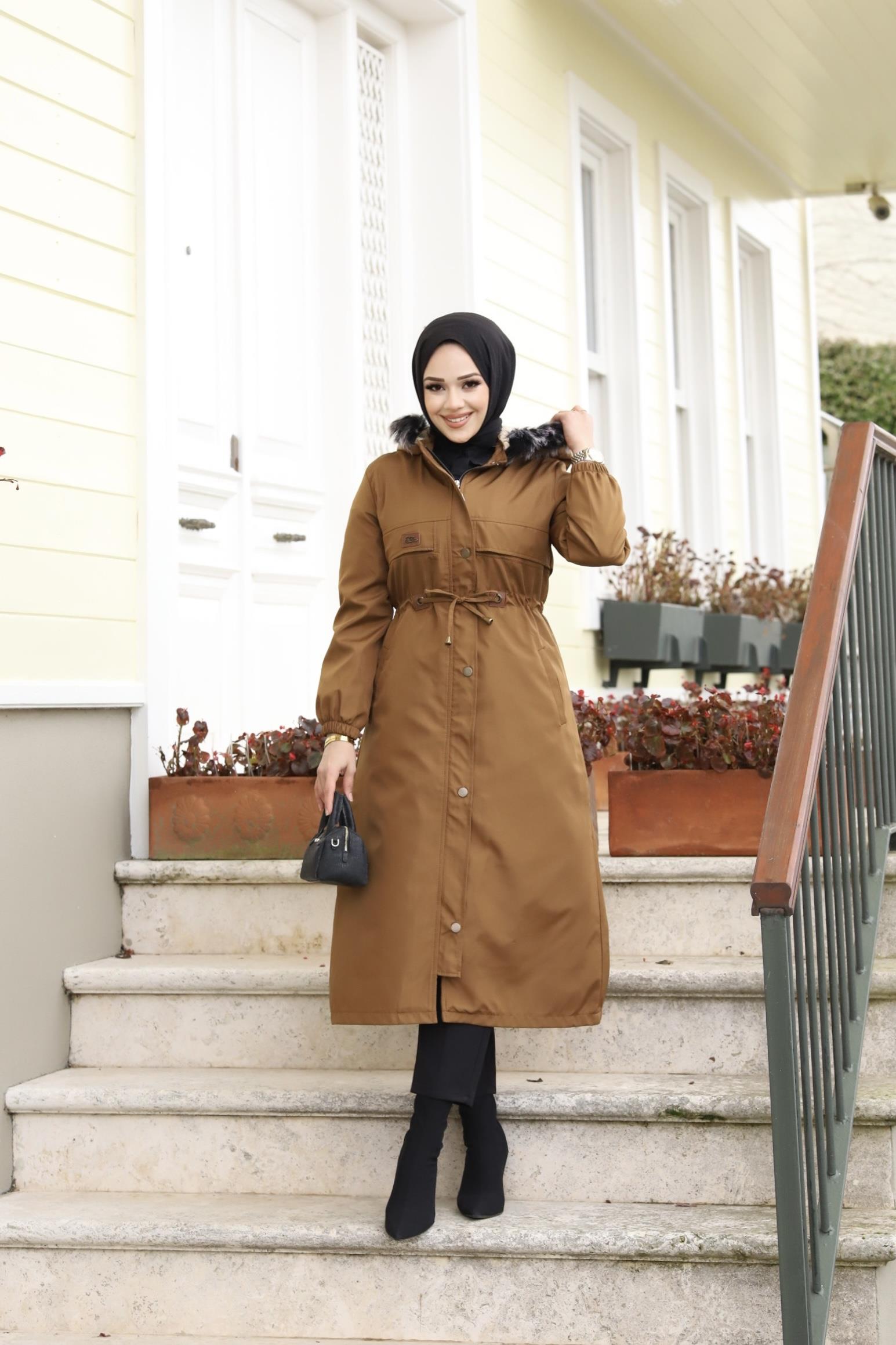 Cep Detaylı Tesettür Camel Mont