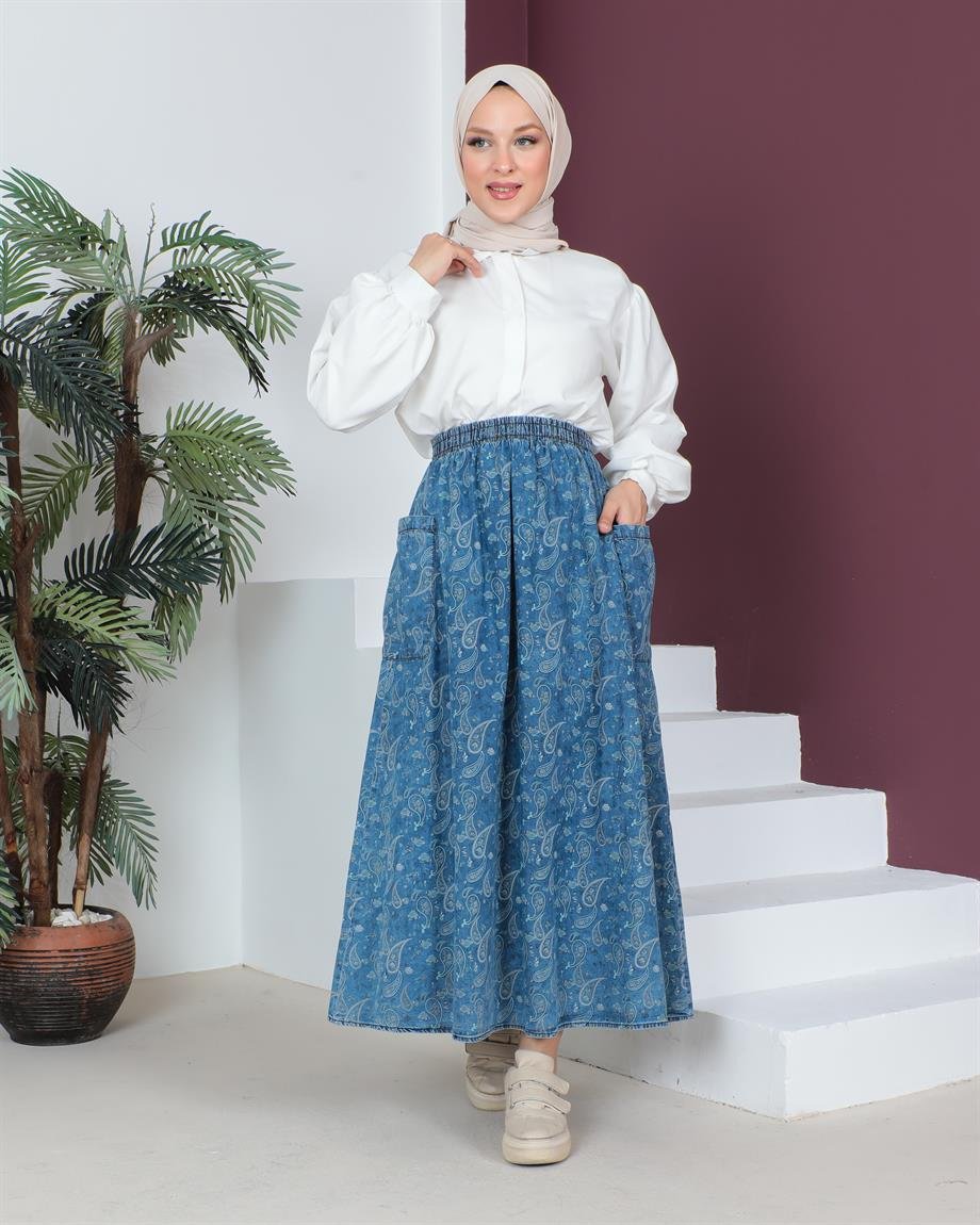 Cep Detaylı Tesettür Şal Desenli Açık Kar Yıkama Kot Etek