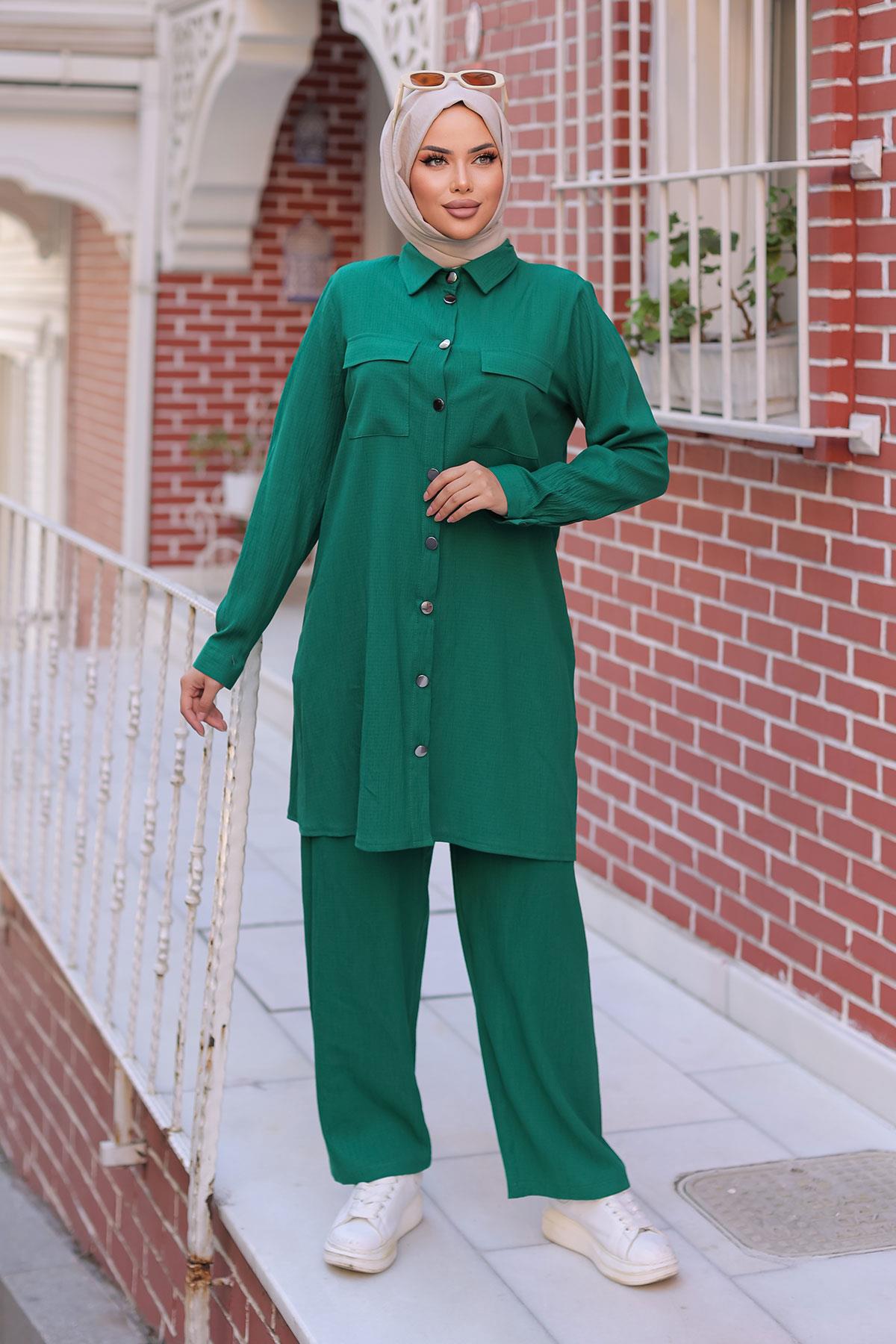 Cep Detaylı Tesettür Yeşil Takım 