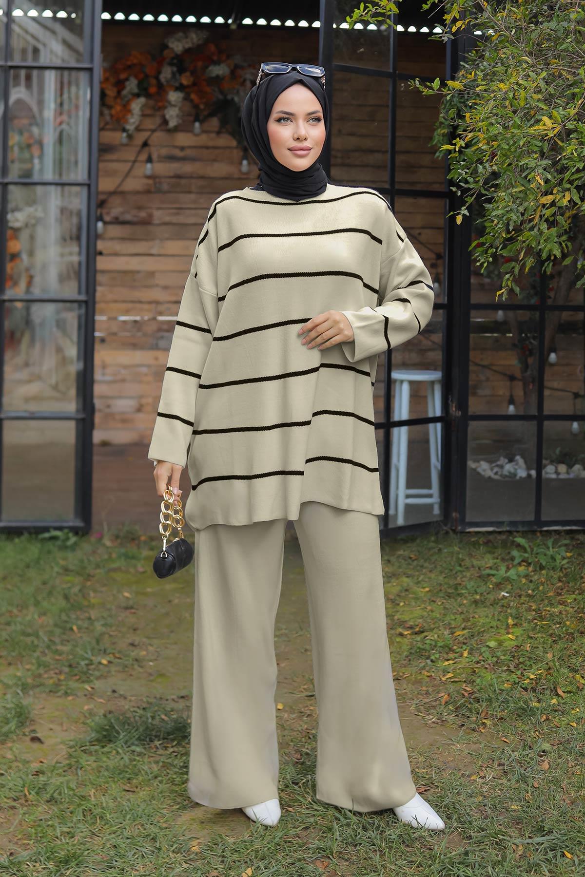 Çizgi Detaylı Triko Takım Krem 1223