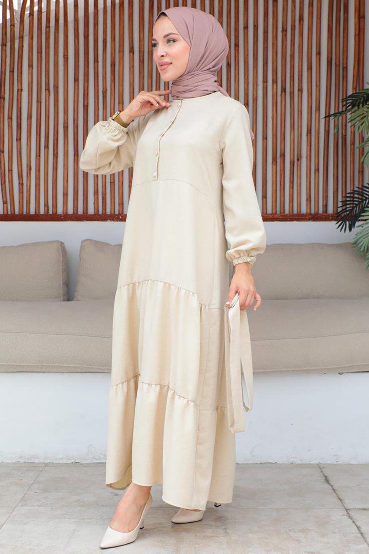Düğme Detaylı Tesettür Bej Elbise