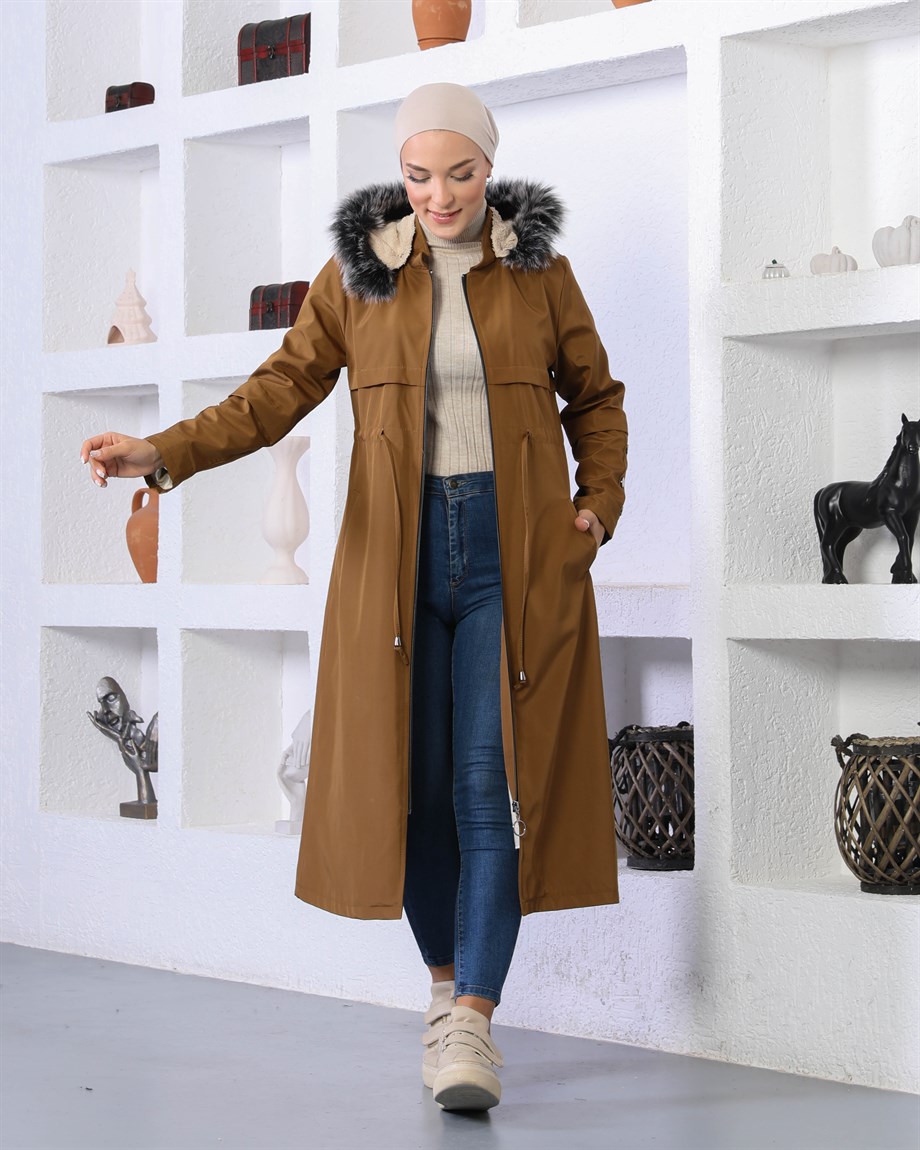 Düğme Detaylı Tesettür Camel Mont 