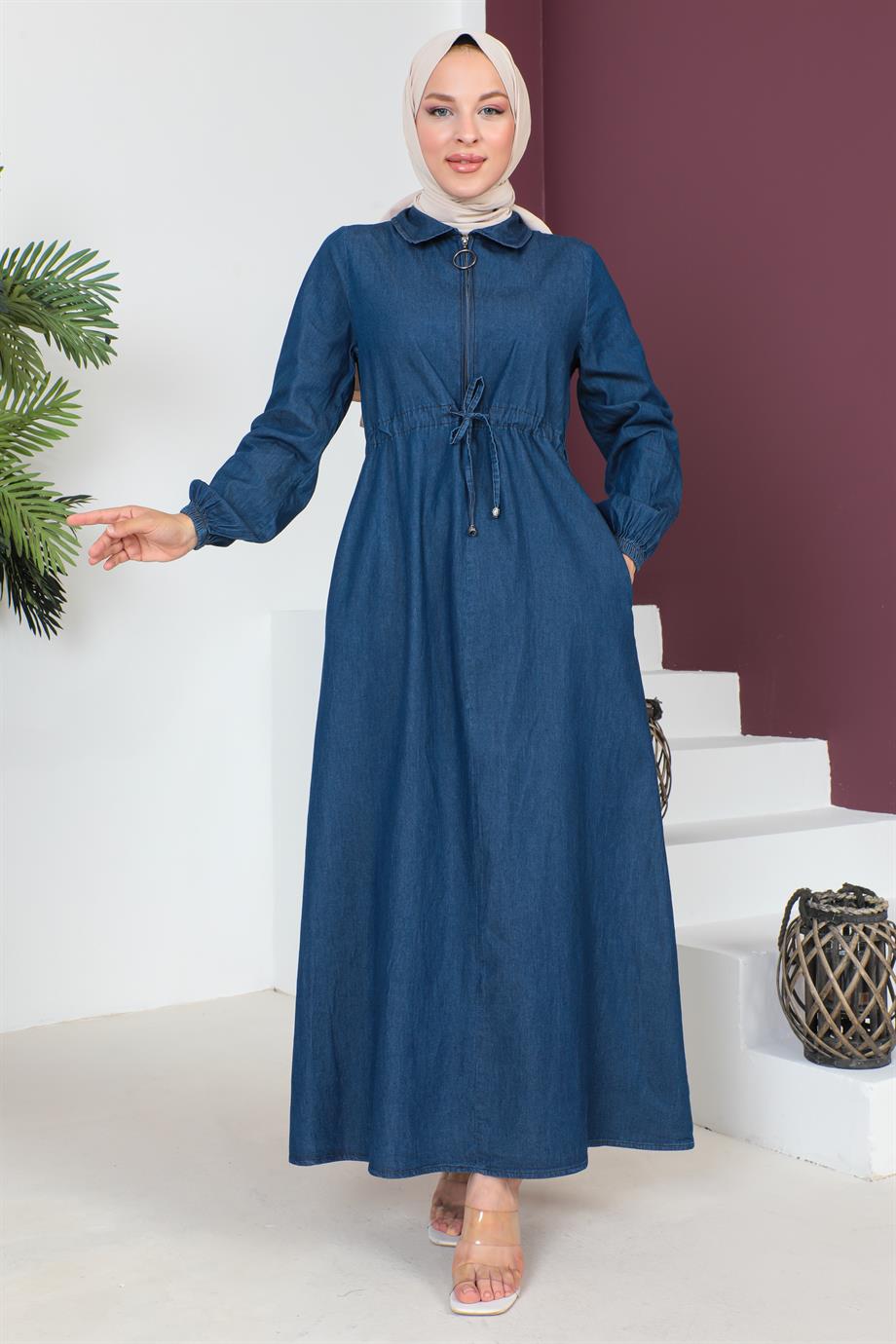 Fermuar Detaylı Tesettür Koyu Kot elbise 