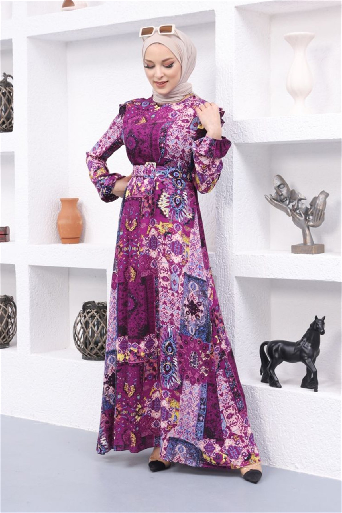 Fırfır Detaylı Tesettür Mor Elbise