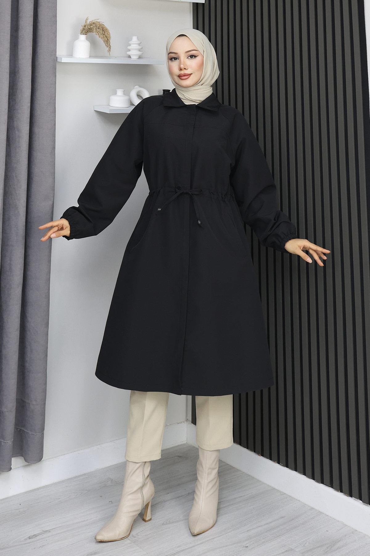 Gizli Patlı Trençkot  Siyah 4430