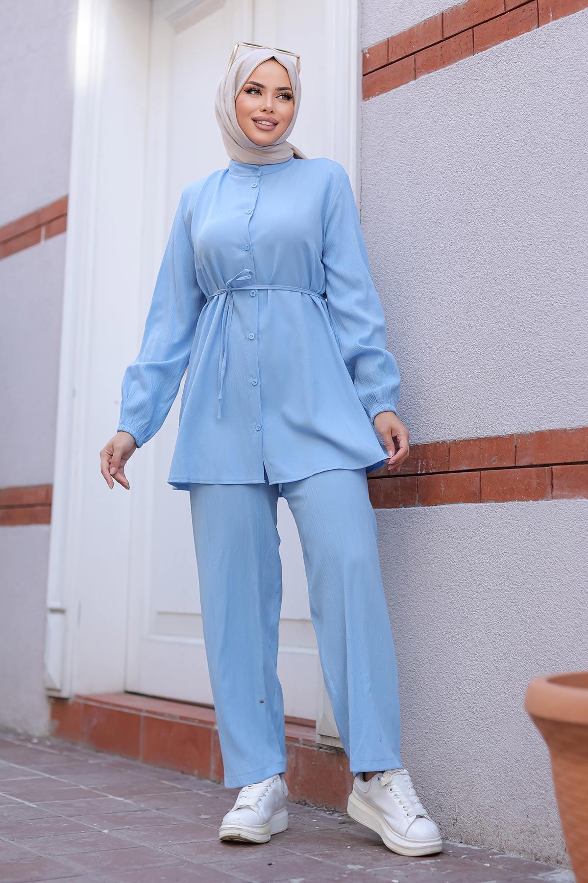 Hakim Yaka Detaylı Tesettür Bebe Mavisi Takım