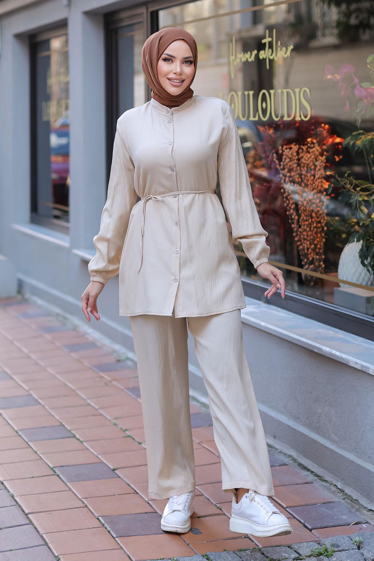 Hakim Yaka Detaylı Tesettür Bej Takım 