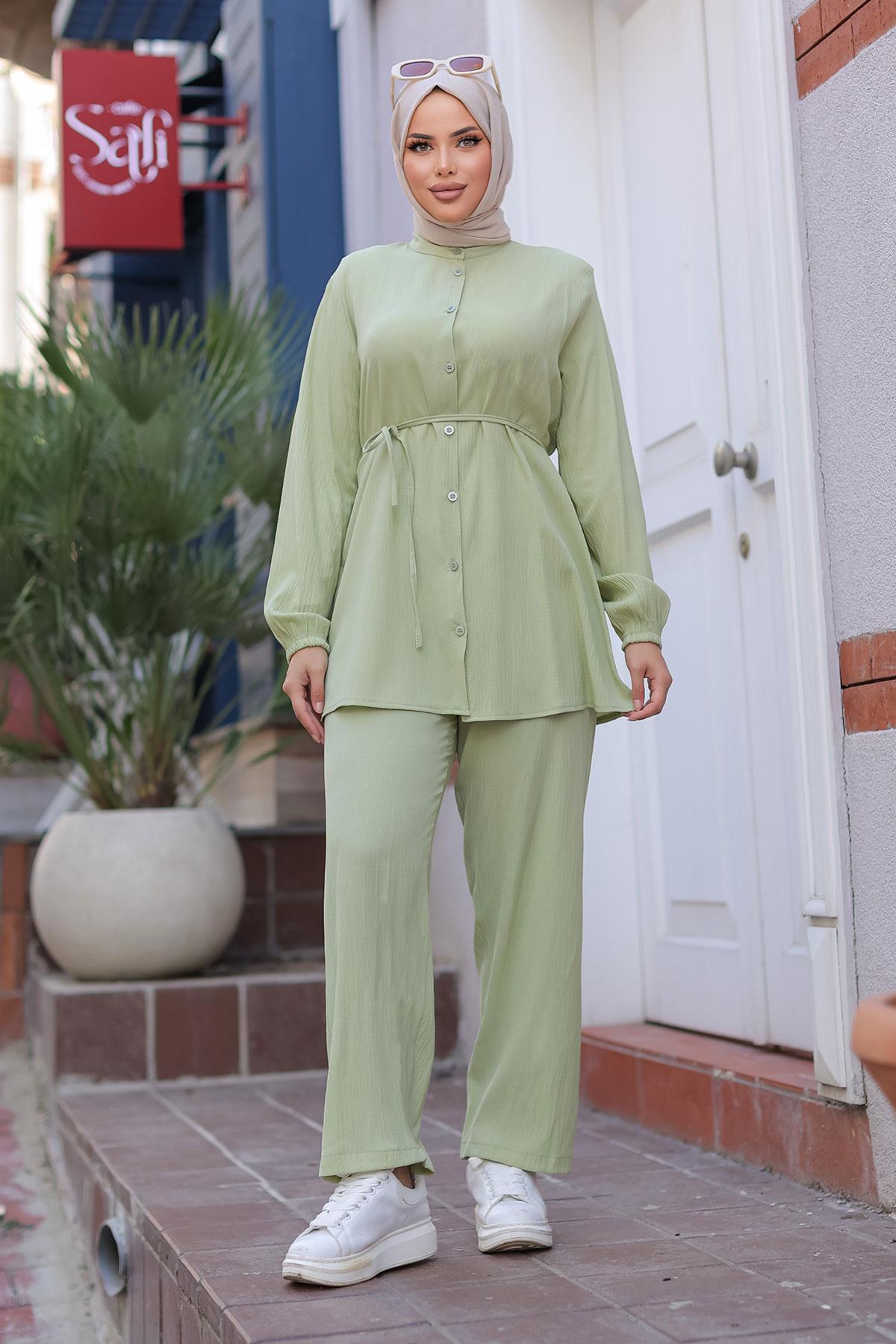 Hakim Yaka Detaylı Tesettür Mint Takım
