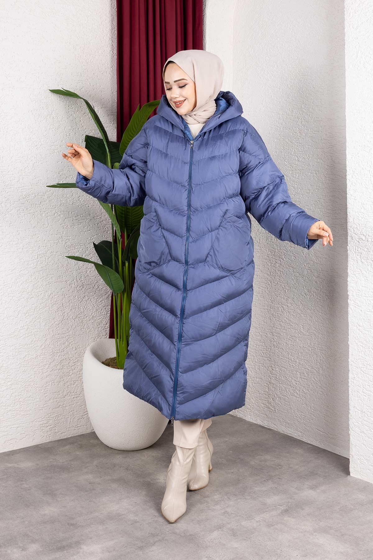 Kapşonlu Cepli Şişme Mont Mavi