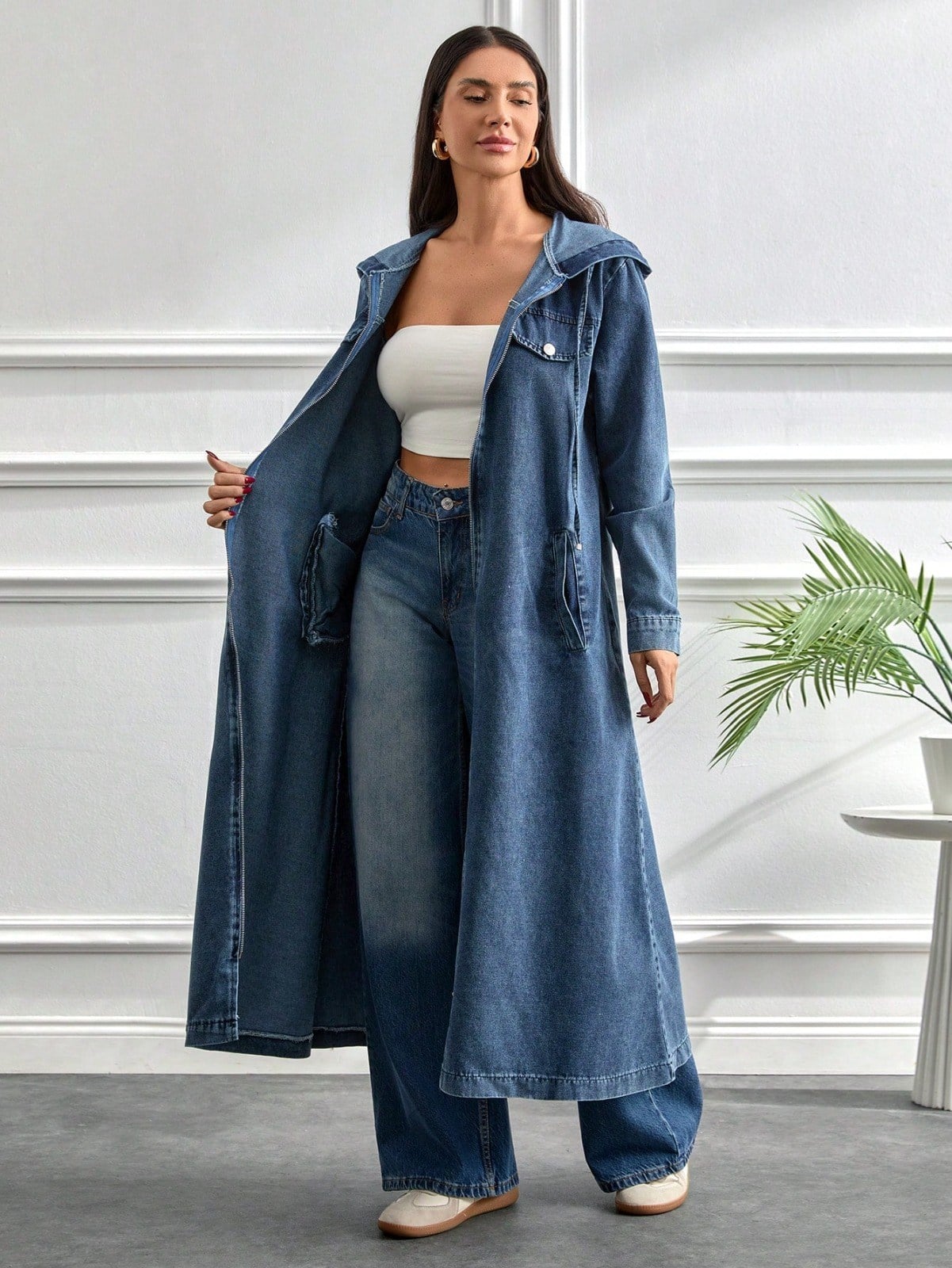 Kapüşonlu Kot Elbise | Uzun Kesim Cepli Modern Stil