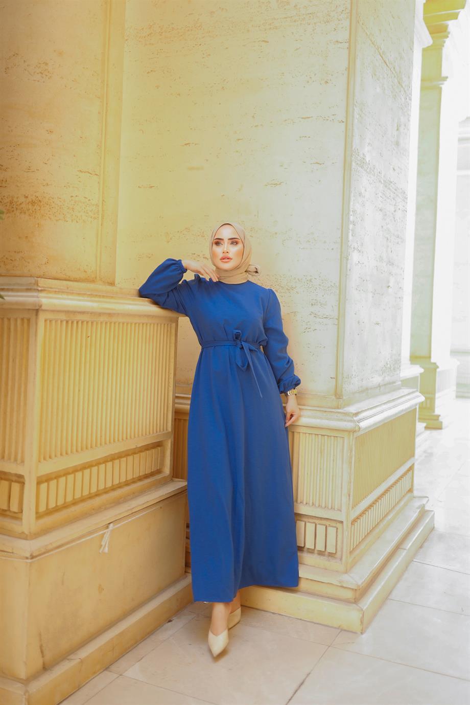 Kemer Detaylı Tesettür Saks Mavisi  Elbise
