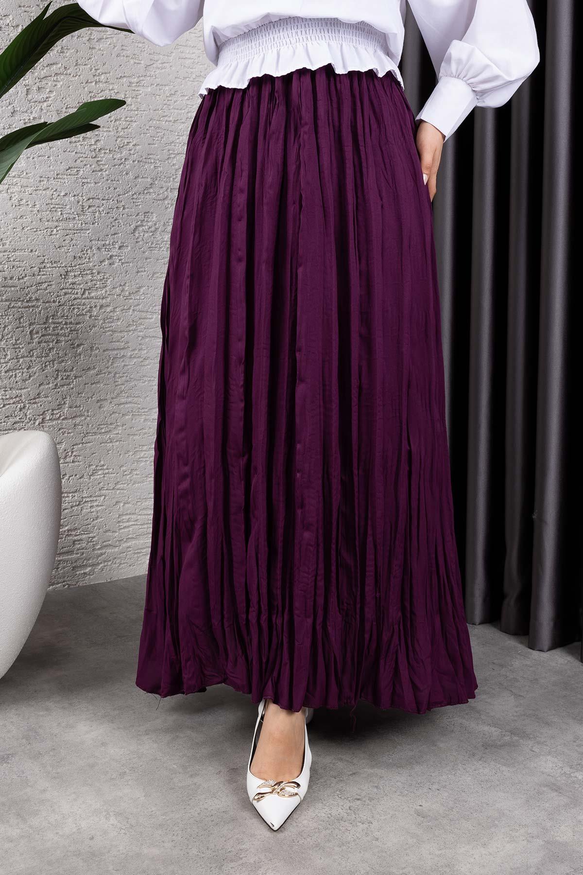 Kırışık Kumaş Etek Mürdüm