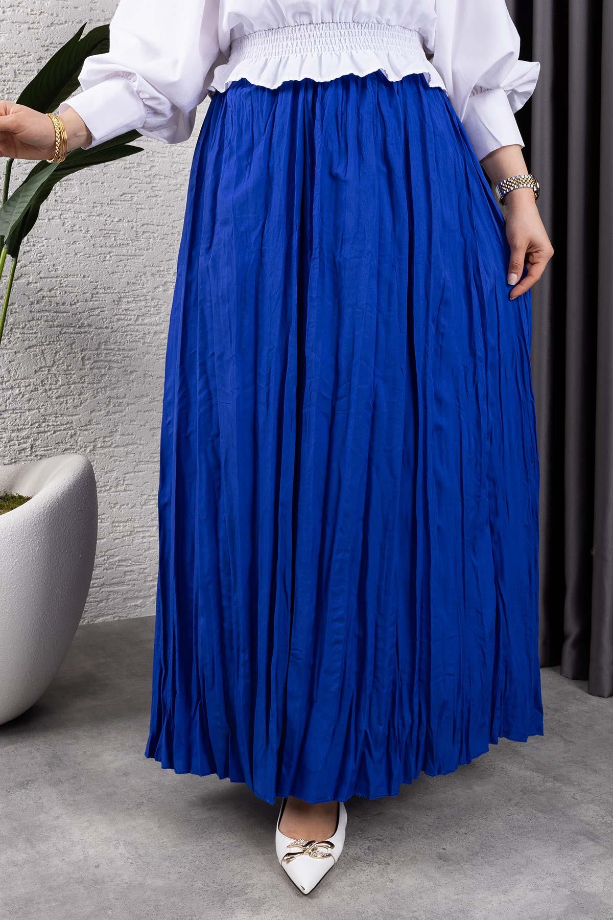 Kırışık Kumaş Etek Saks Mavisi