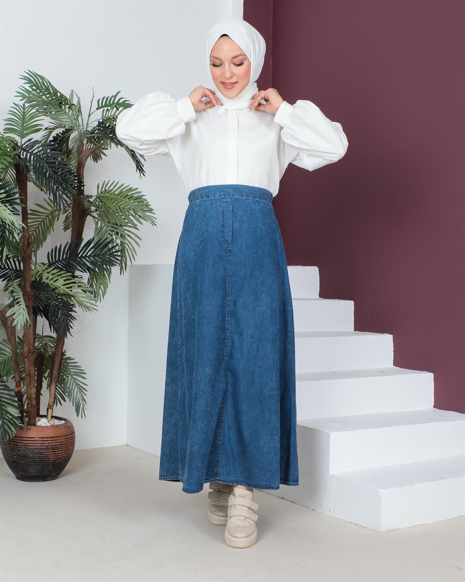 Lastik Detaylı Tesettür Açık Kar Yıkama Kot Etek